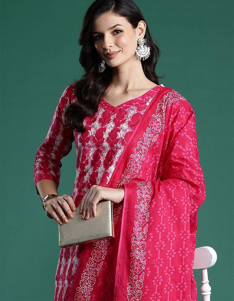 Ethnic Motifs Printed  Cotton Kurta With Trousers & Dupatta