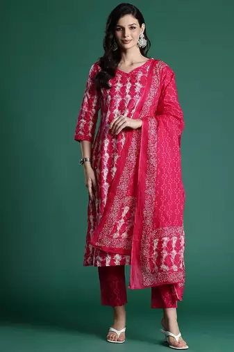 Ethnic Motifs Printed Pure Cotton Kurta With Trousers & Dupatta