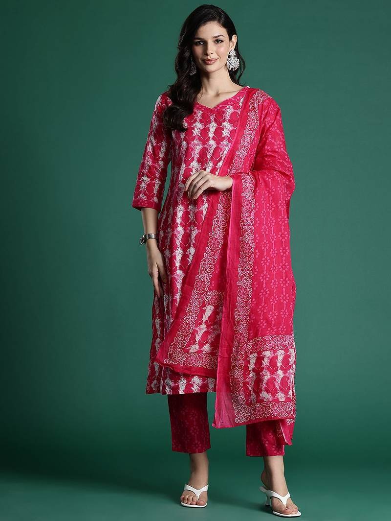 Ethnic Motifs Printed  Cotton Kurta With Trousers & Dupatta
