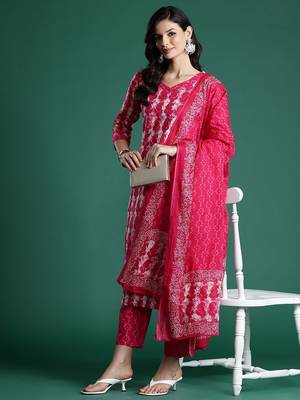 Ethnic Motifs Printed  Cotton Kurta With Trousers & Dupatta 1