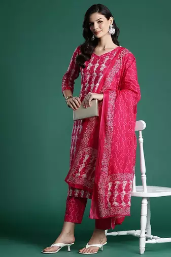 Ethnic Motifs Printed Pure Cotton Kurta With Trousers & Dupatta