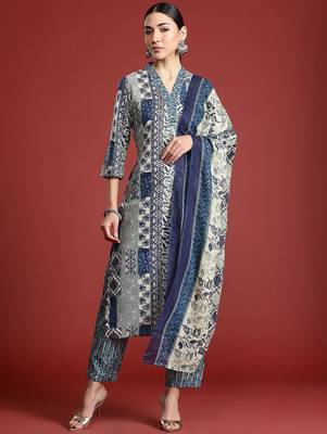 Women Ethnic Motifs Printed  Cotton Kurta with Trousers & With Dupatta 7