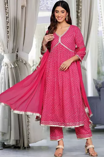 Women Leheriya Printed Pleated Gotta Patti Pure Cotton Kurta with Trousers & With Dupatta