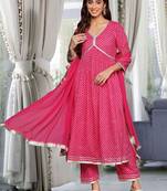 Women Leheriya Printed Pleated Gotta Patti  Cotton Kurta with Trousers & With Dupatta