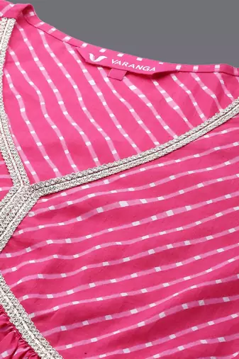 Women Leheriya Printed Pleated Gotta Patti Pure Cotton Kurta with Trousers & With Dupatta