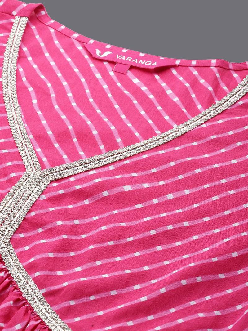 Women Leheriya Printed Pleated Gotta Patti  Cotton Kurta with Trousers & With Dupatta
