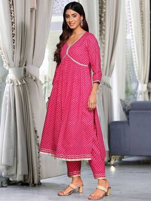Women Leheriya Printed Pleated Gotta Patti  Cotton Kurta with Trousers & With Dupatta 5