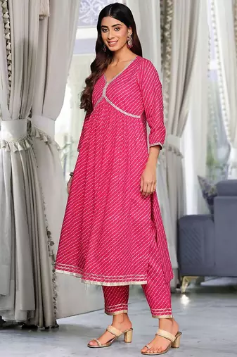 Women Leheriya Printed Pleated Gotta Patti Pure Cotton Kurta with Trousers & With Dupatta