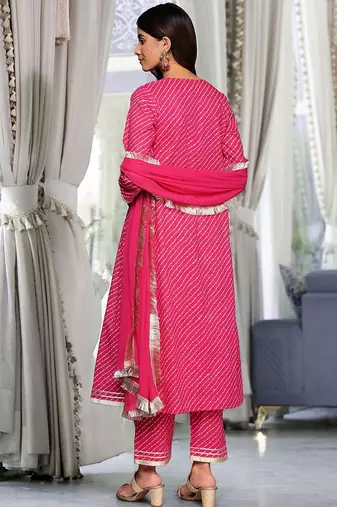 Women Leheriya Printed Pleated Gotta Patti Pure Cotton Kurta with Trousers & With Dupatta