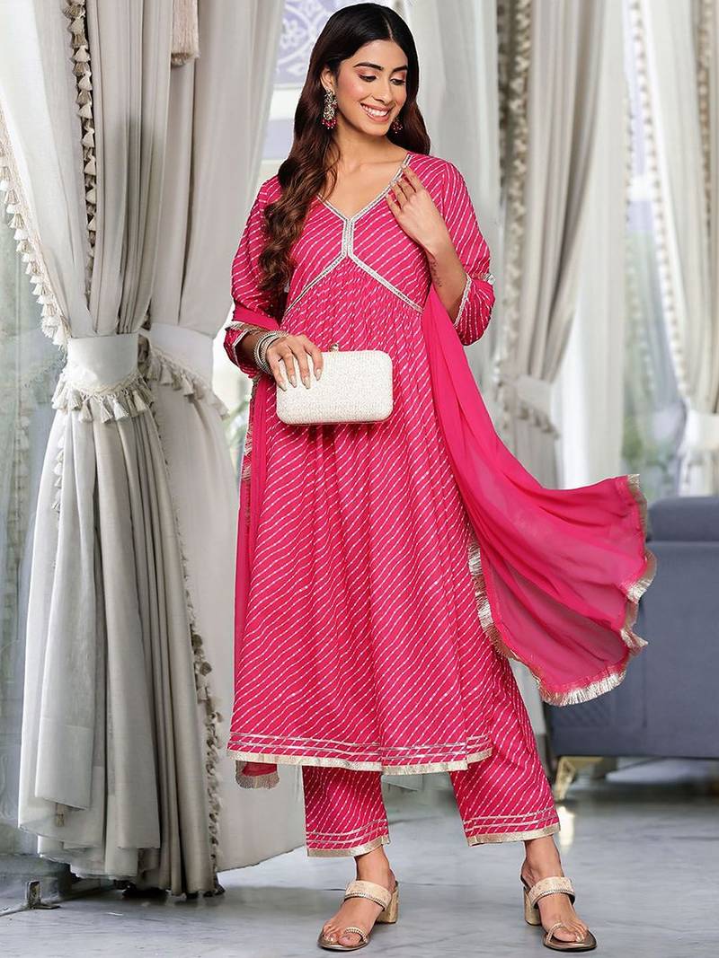 Women Leheriya Printed Pleated Gotta Patti  Cotton Kurta with Trousers & With Dupatta