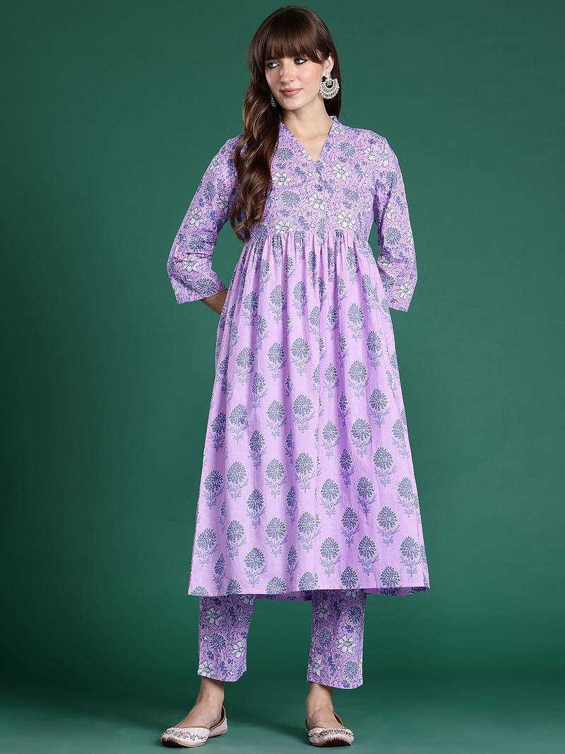 Floral Printed Regular  Cotton Kurta with Trousers