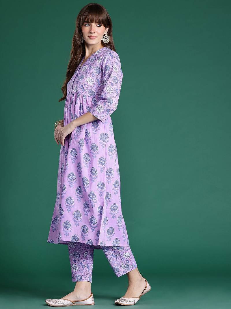 Floral Printed Regular  Cotton Kurta with Trousers