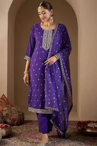 Ethnic Motifs Embroidered Sequinned Kurta with Trousers & With Dupatta