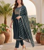 Women Ethnic Motifs Embroidered Tiered Thread Work Kurta with Trousers & With Dupatta