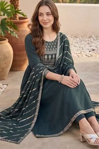 Women Ethnic Motifs Embroidered Tiered Thread Work Kurta with Trousers & With Dupatta