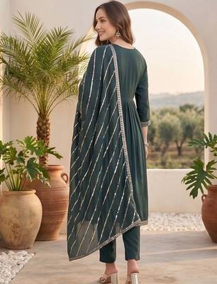 Women Ethnic Motifs Embroidered Tiered Thread Work Kurta with Trousers & With Dupatta 4