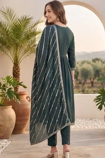 Women Ethnic Motifs Embroidered Tiered Thread Work Kurta with Trousers & With Dupatta