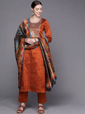 Women Rust Ethnic Motifs Embroidered Kurta with Trousers & Dupatta 1