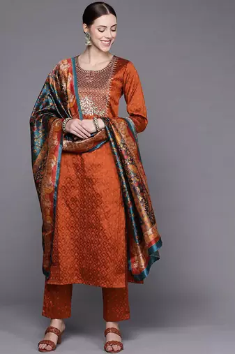 Women Rust Ethnic Motifs Embroidered Kurta with Trousers & Dupatta