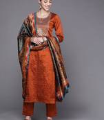 Women Rust Ethnic Motifs Embroidered Kurta with Trousers & Dupatta