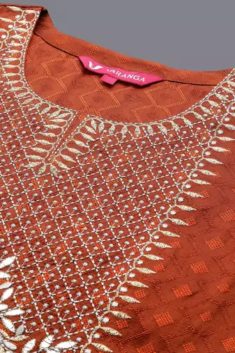 Women Rust Ethnic Motifs Embroidered Kurta with Trousers & Dupatta