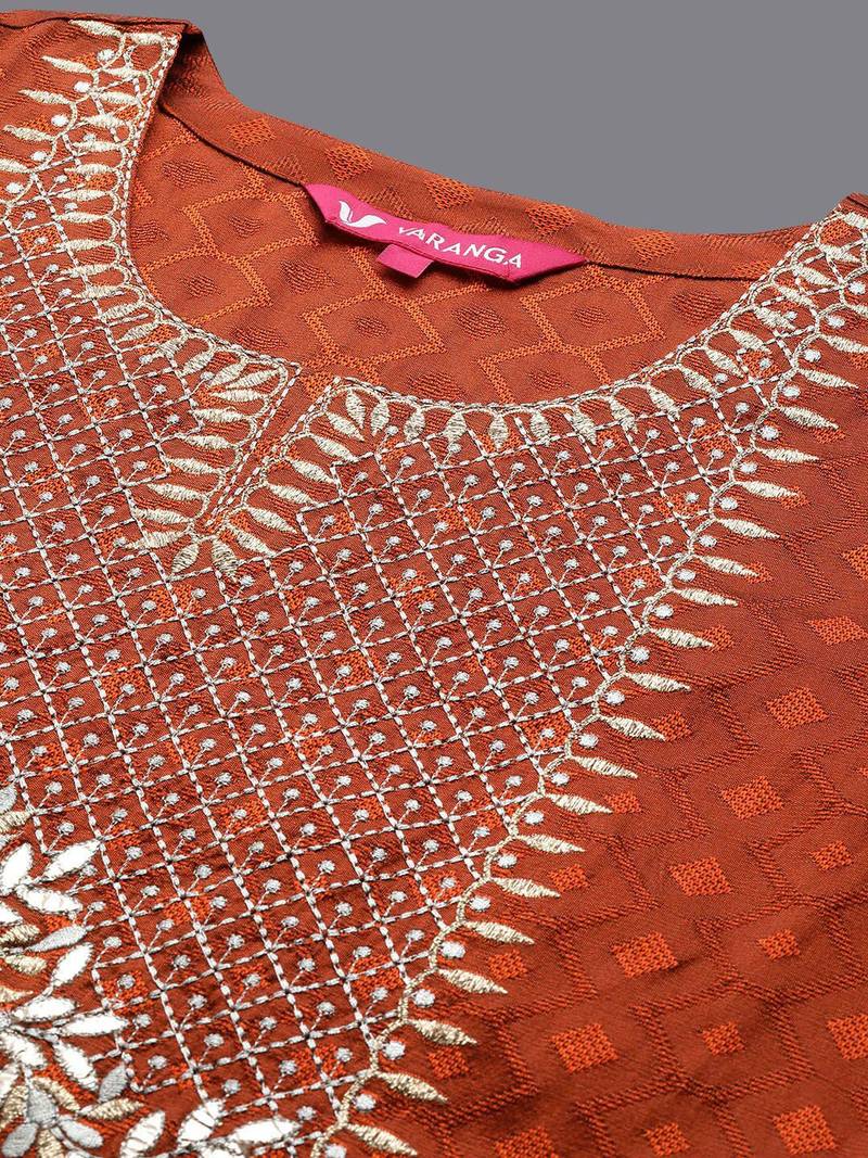 Women Rust Ethnic Motifs Embroidered Kurta with Trousers & Dupatta