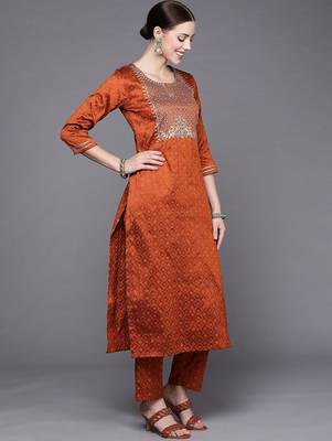 Women Rust Ethnic Motifs Embroidered Kurta with Trousers & Dupatta 5