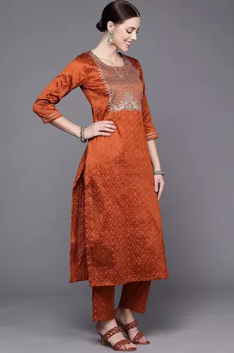 Women Rust Ethnic Motifs Embroidered Kurta with Trousers & Dupatta
