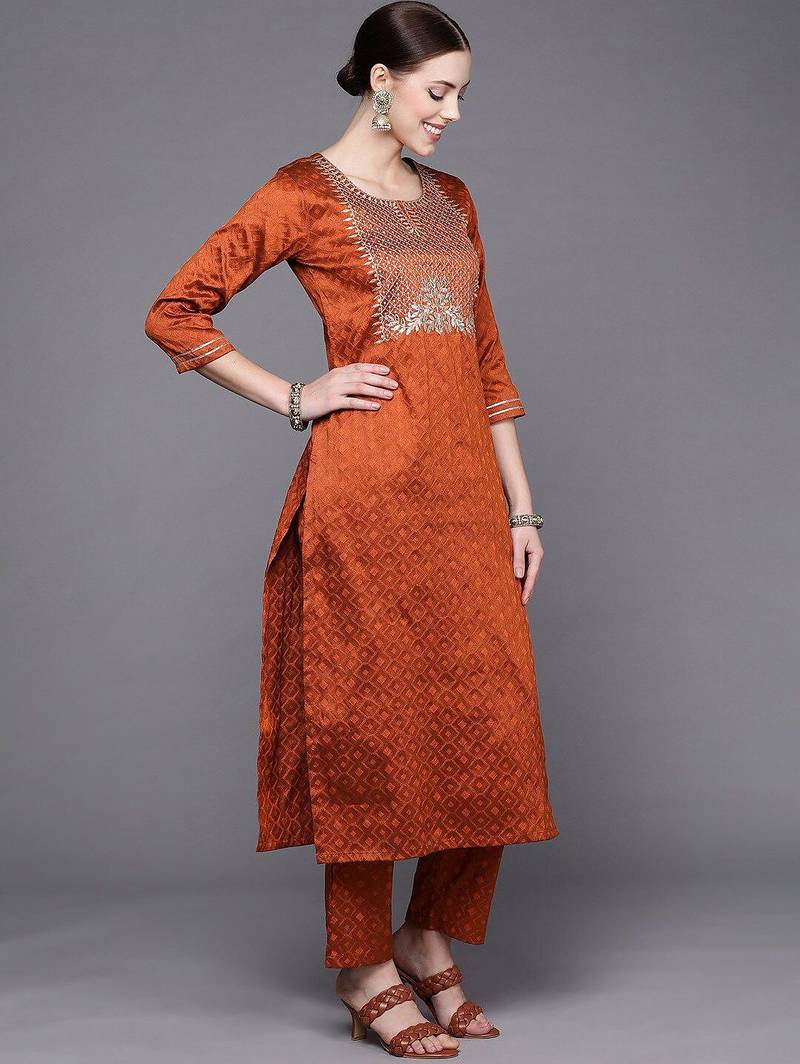 Women Rust Ethnic Motifs Embroidered Kurta with Trousers & Dupatta
