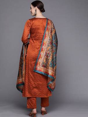 Women Rust Ethnic Motifs Embroidered Kurta with Trousers & Dupatta 6