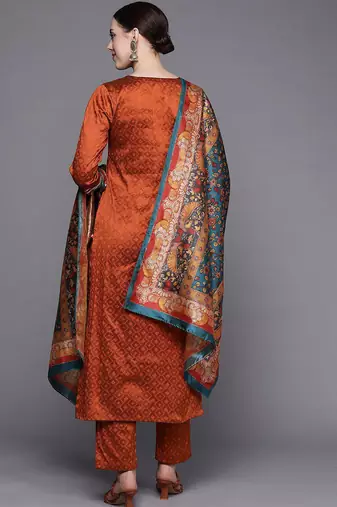 Women Rust Ethnic Motifs Embroidered Kurta with Trousers & Dupatta