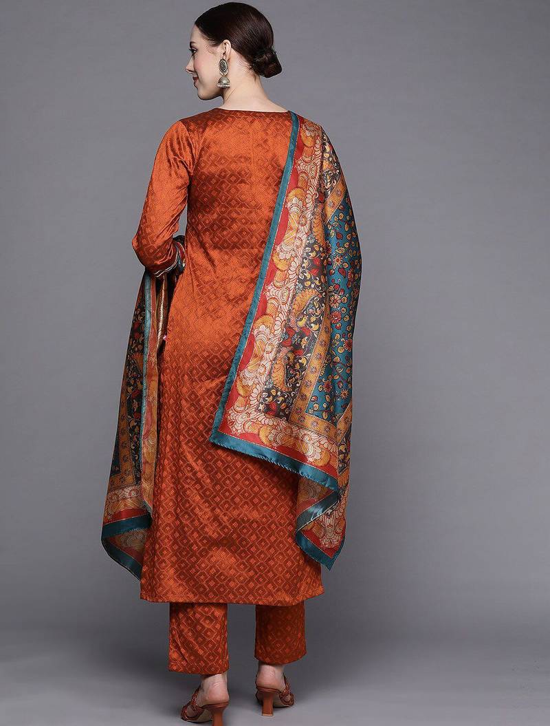 Women Rust Ethnic Motifs Embroidered Kurta with Trousers & Dupatta