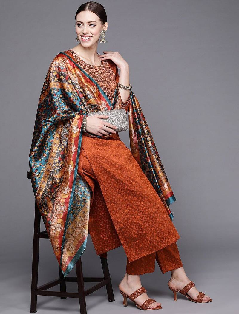 Women Rust Ethnic Motifs Embroidered Kurta with Trousers & Dupatta