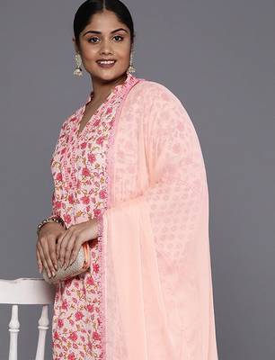 Plus Size Floral Printed Regular Pure Cotton Kurta with Palazzos & Dupatta 2
