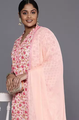 Plus Size Floral Printed Regular Pure Cotton Kurta with Palazzos & Dupatta