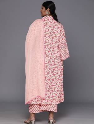 Plus Size Floral Printed Regular Pure Cotton Kurta with Palazzos & Dupatta 6