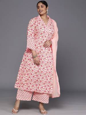 Plus Size Floral Printed Regular Pure Cotton Kurta with Palazzos & Dupatta 7