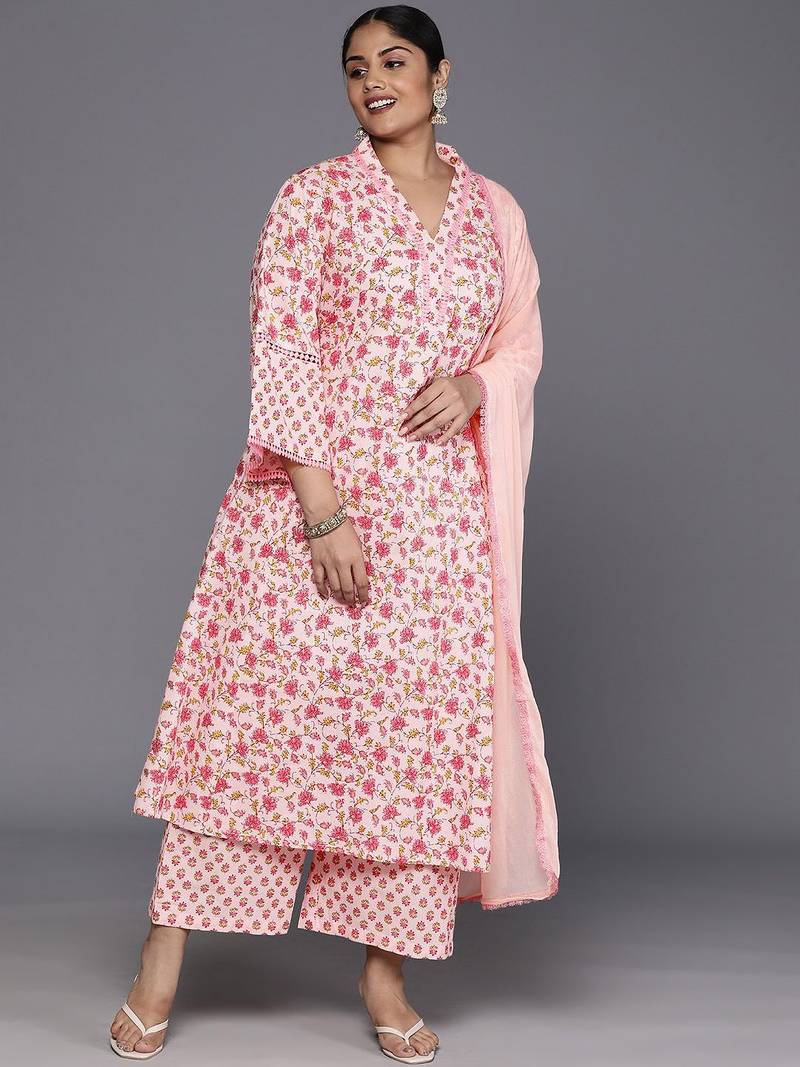 Plus Size Floral Printed Regular Pure Cotton Kurta with Palazzos & Dupatta