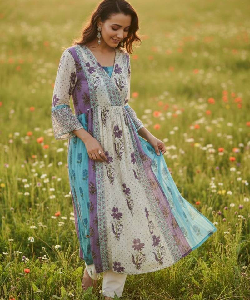 Women Floral Printed Empire Pure Cotton Kurta with Trousers