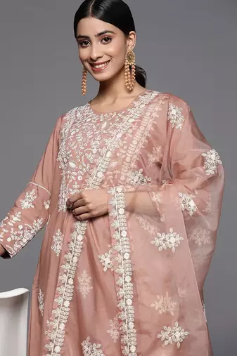 Women Beige Thread Embroidered Pure Cotton Kurta with Trouser and Dupatta