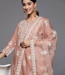 Women Beige Thread Embroidered  Cotton Kurta with Trouser and Dupatta
