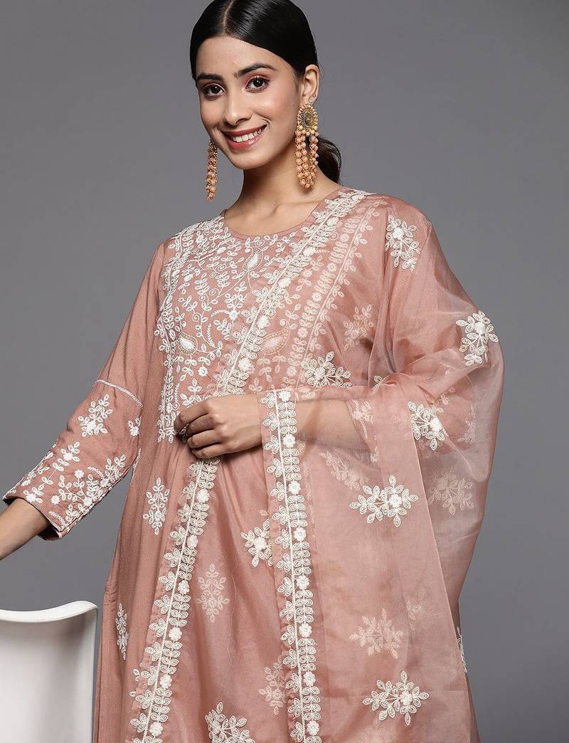 Women Beige Thread Embroidered  Cotton Kurta with Trouser and Dupatta