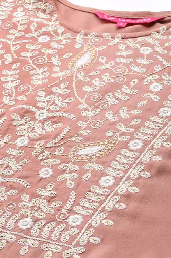 Women Beige Thread Embroidered Pure Cotton Kurta with Trouser and Dupatta