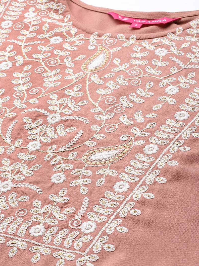 Women Beige Thread Embroidered  Cotton Kurta with Trouser and Dupatta