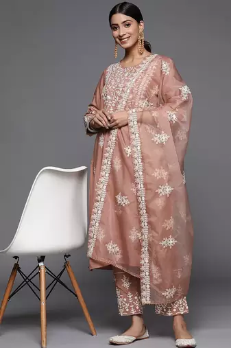 Women Beige Thread Embroidered Pure Cotton Kurta with Trouser and Dupatta