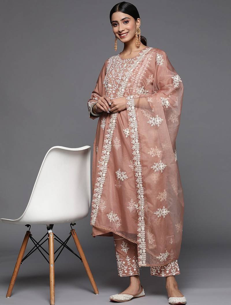 Women Beige Thread Embroidered  Cotton Kurta with Trouser and Dupatta
