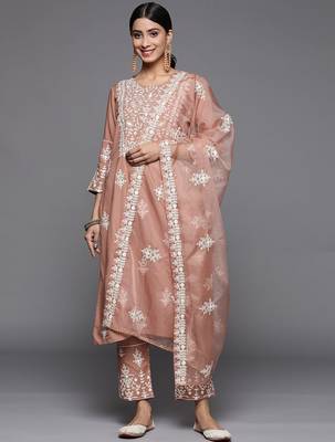 Women Beige Thread Embroidered  Cotton Kurta with Trouser and Dupatta 1