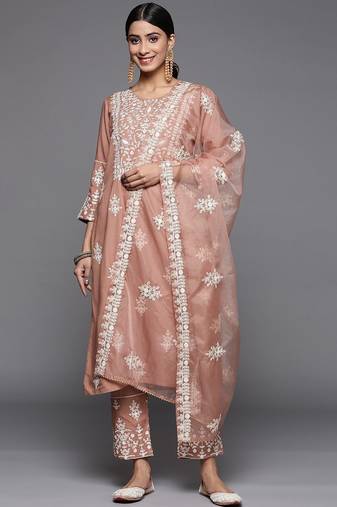 Women Beige Thread Embroidered  Cotton Kurta with Trouser and Dupatta