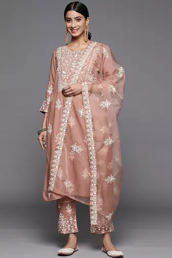 Women Beige Thread Embroidered Pure Cotton Kurta with Trouser and Dupatta