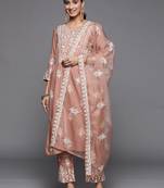 Women Beige Thread Embroidered  Cotton Kurta with Trouser and Dupatta